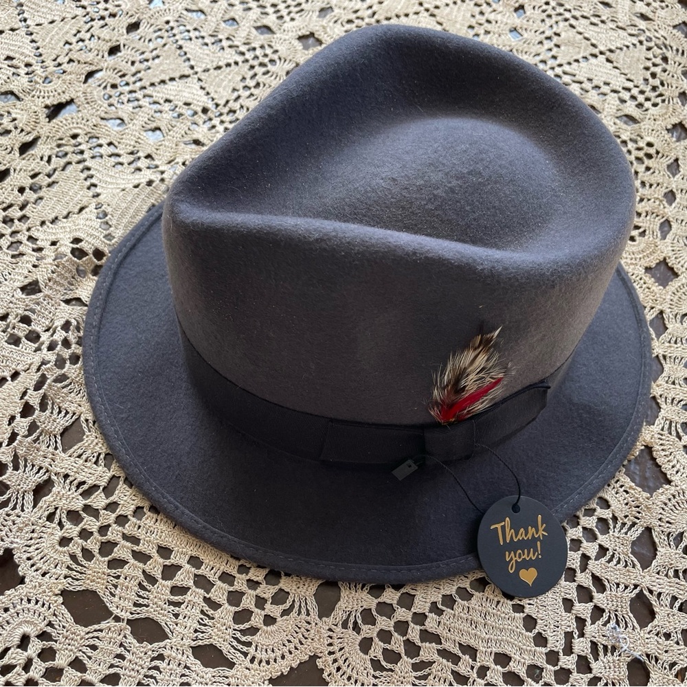 Vintage Botany 500 slate gray 100% wool fedora hat feather accent USA men’s XL - Picture 5 of 12